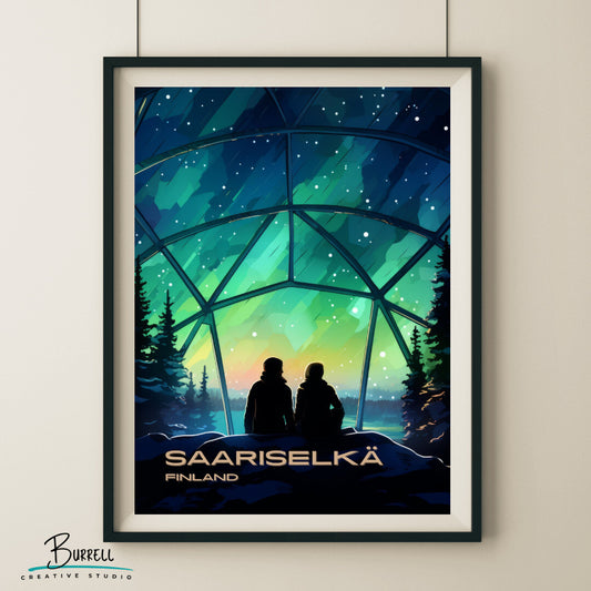 Saariselkä Finland Northern Lights Travel Poster & Wall Art Poster Print