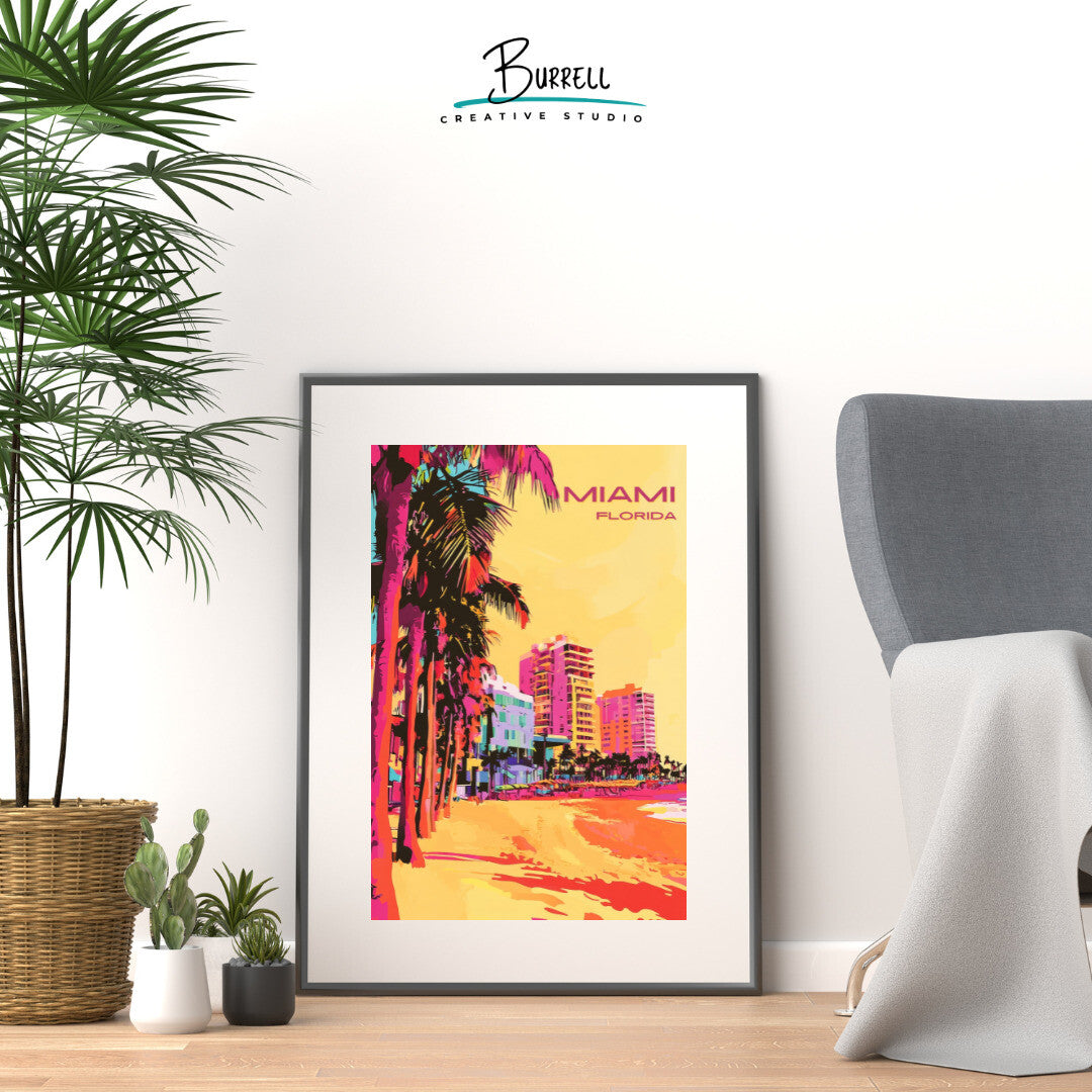 Miami Florida Beach Travel Poster & Wall Art Poster Print