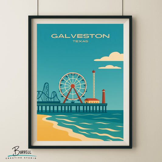 Galveston Texas Pleasure Pier Travel Poster & Wall Art Poster Print