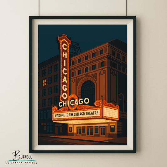 Chicago Illinois Theater Lights Travel Poster & Wall Art Poster Print