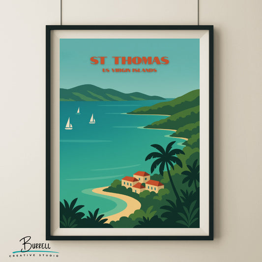 St Thomas US Virgin Islands Coastal View Travel Poster & Wall Art Poster Print