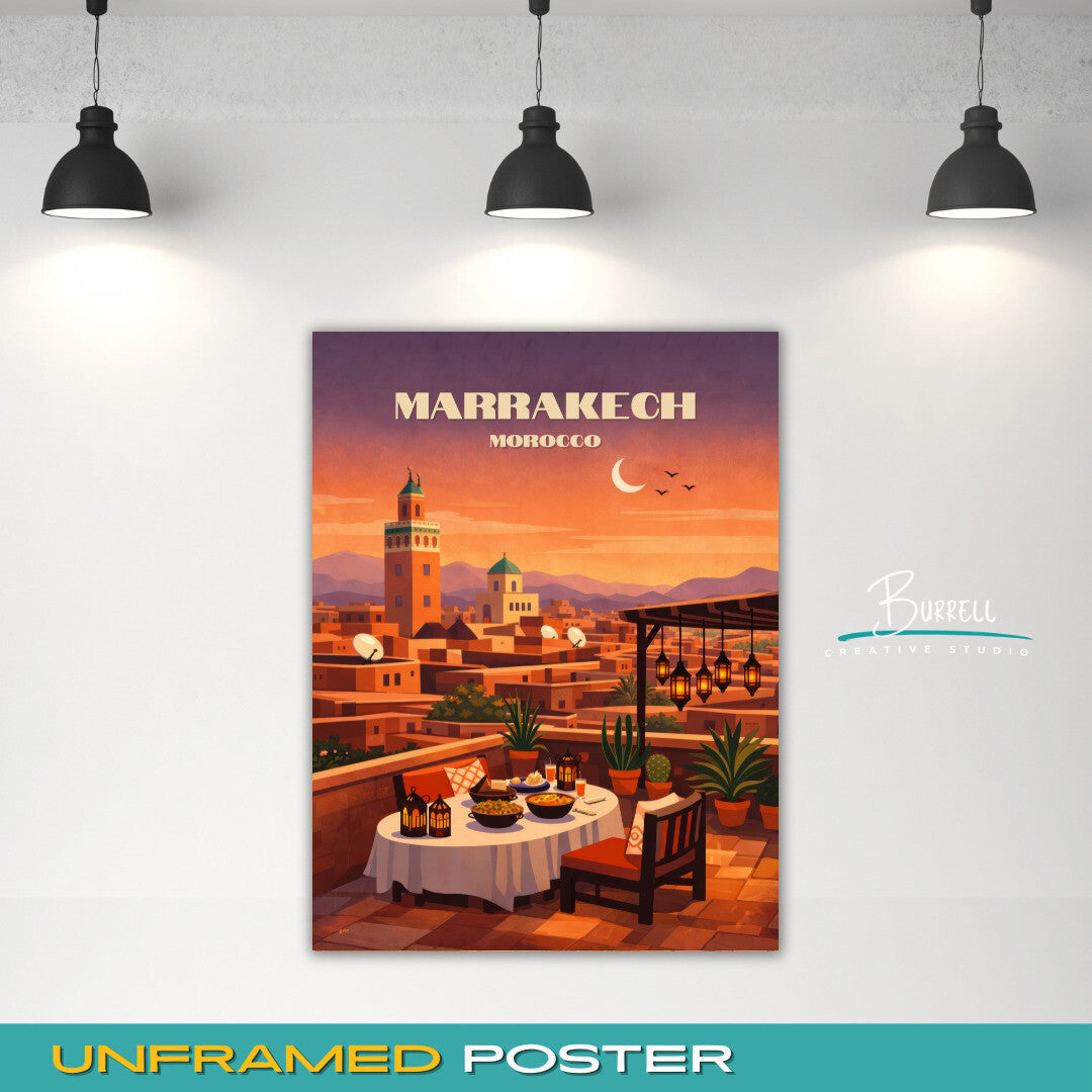 Marrakech Morocco Rooftop Dining Travel Poster & Wall Art Poster Print