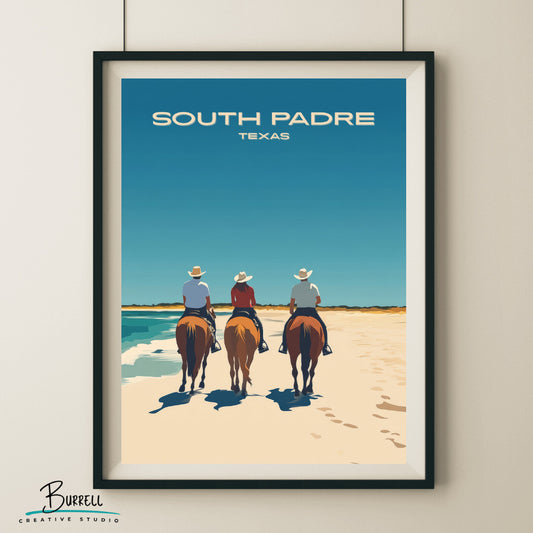 South Padre Texas Horseback Riding Travel Poster & Wall Art Poster Print