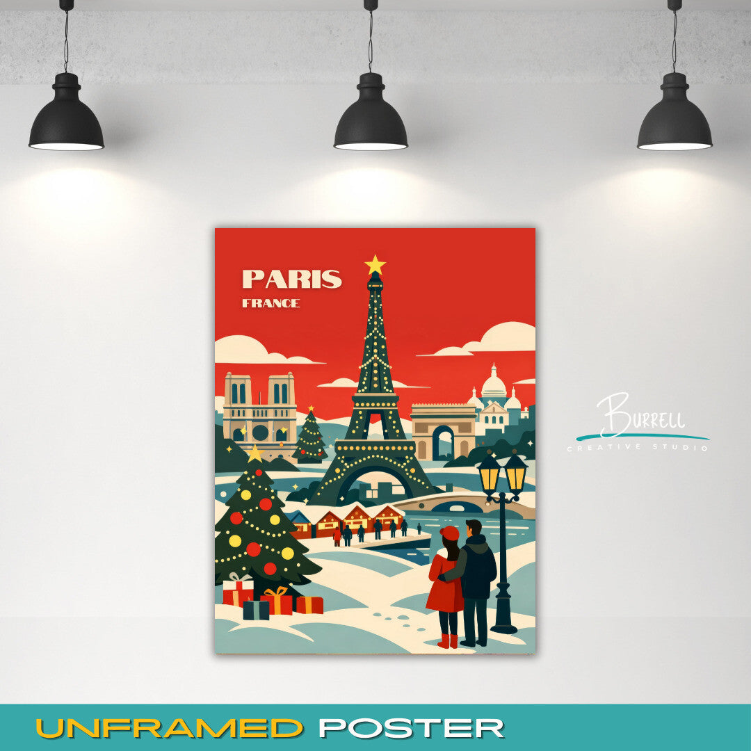 Paris France Christmas Travel Poster &