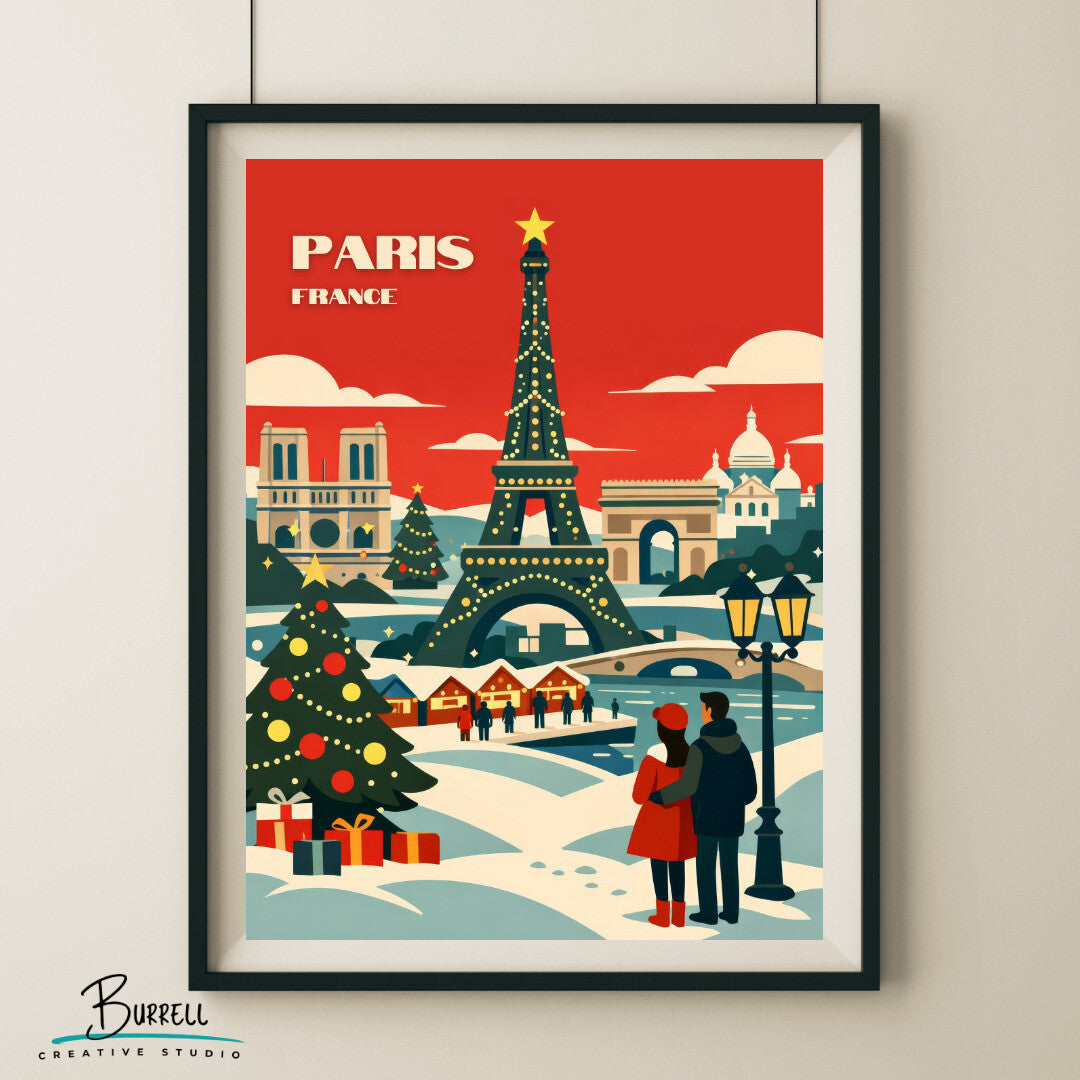 Paris France Christmas Travel Poster &