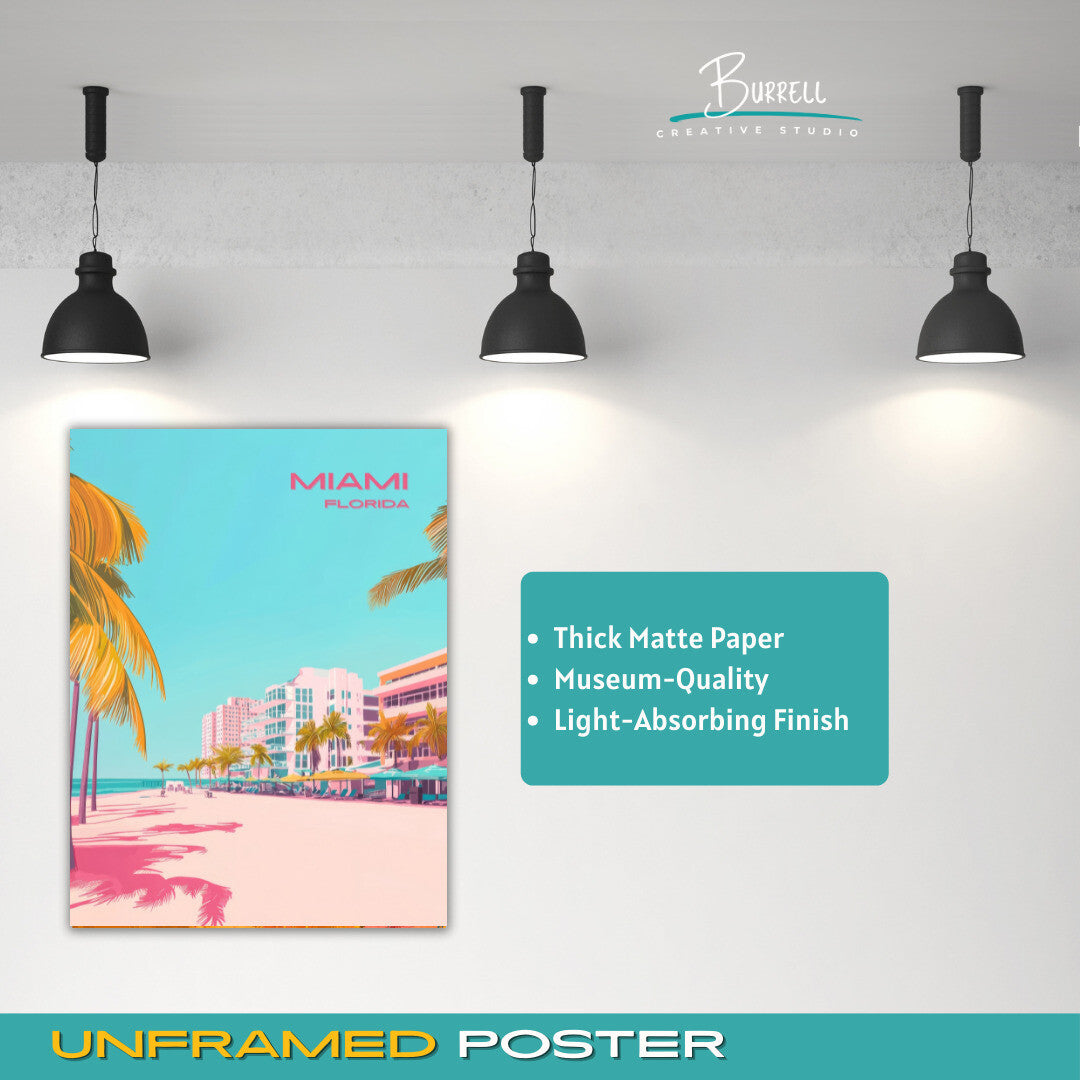 Miami Florida Beach View Travel Poster & Wall Art Poster Print