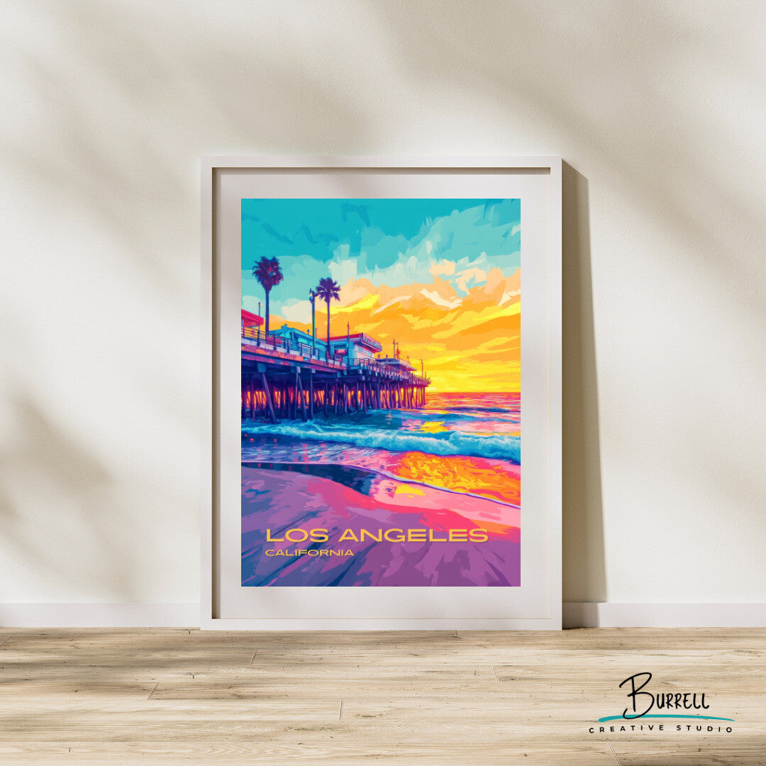 Los Angeles California Santa Monica Pier Travel Poster & Wall Art Poster Print