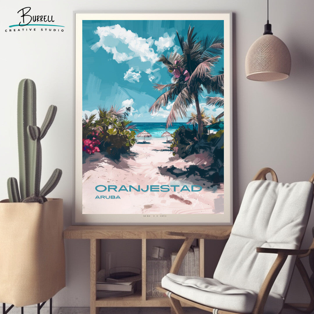 Oranjestad Aruba Beach View Travel Poster & Wall Art Poster Print