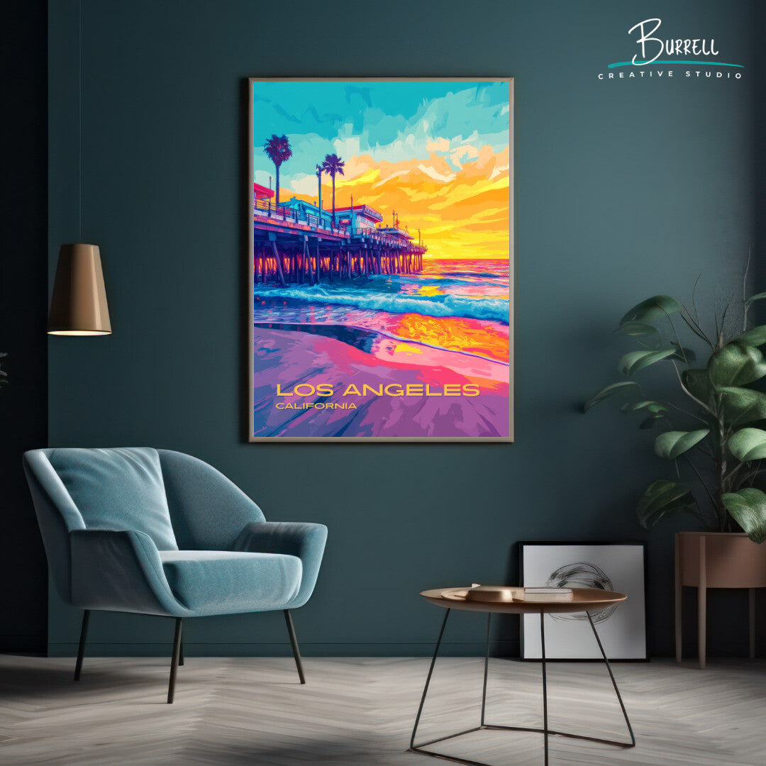 Los Angeles California Santa Monica Pier Travel Poster & Wall Art Poster Print