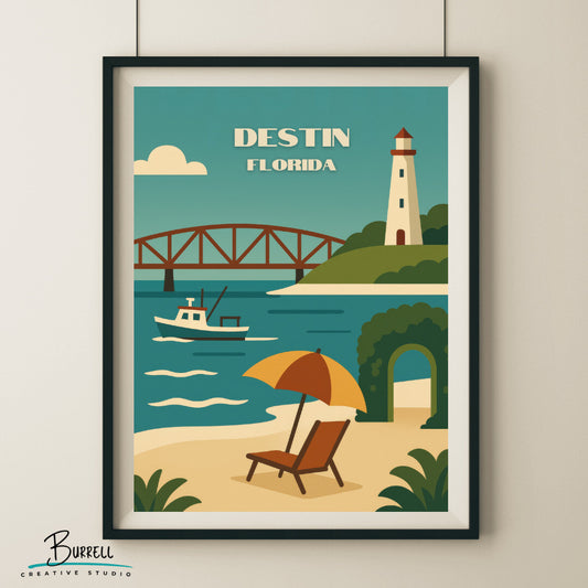 Destin Florida Iconic Landmarks Travel Poster & Wall Art Poster Print
