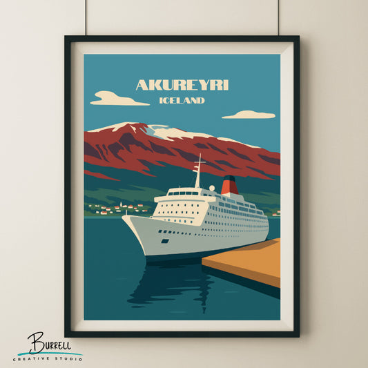 Akureyri Iceland Cruise Ship Port Travel Poster & Wall Art Poster Print