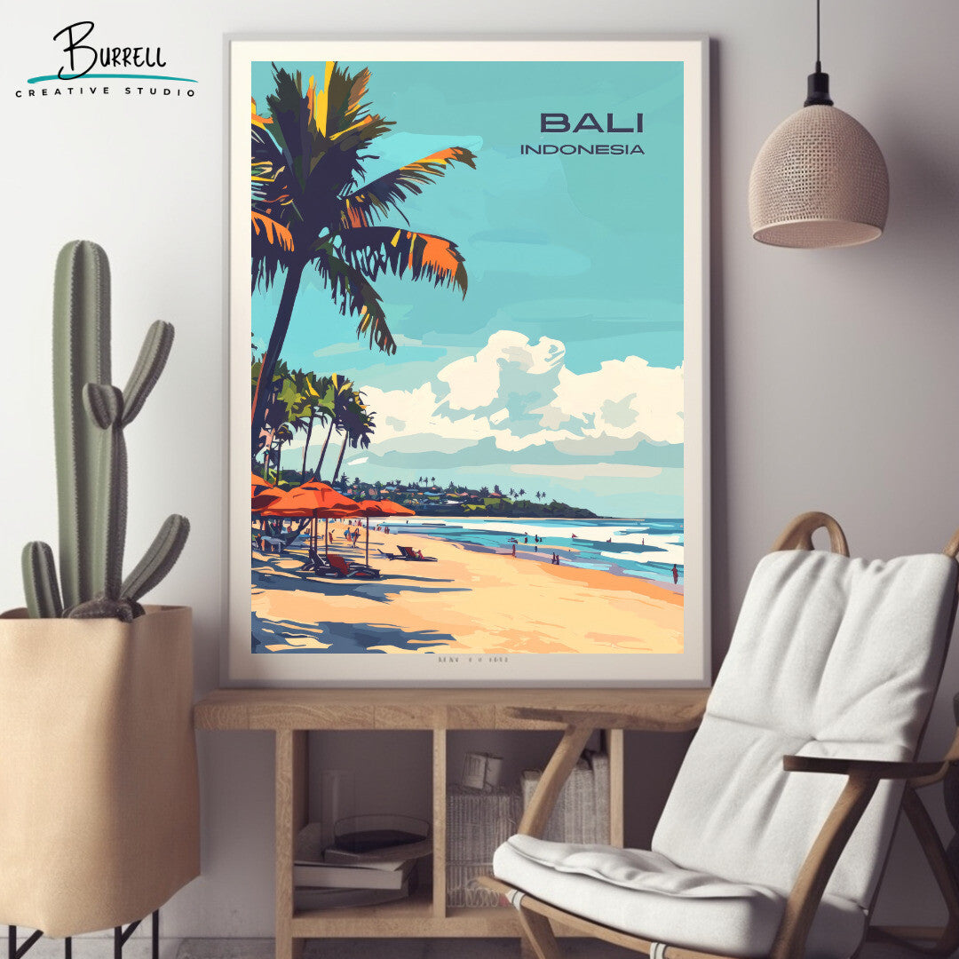 Denpasar Bali Seminyak Beach Travel Poster & Wall Art Poster Print