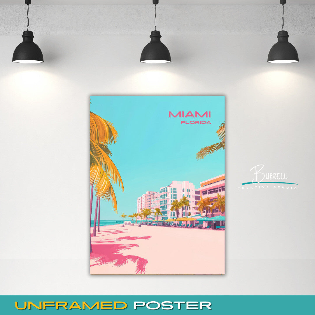 Miami Florida Beach View Travel Poster & Wall Art Poster Print