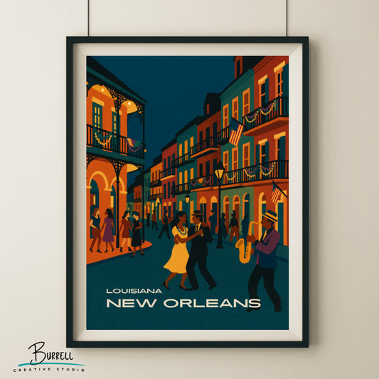 New Orleans Louisiana Festive French Quarters Travel Poster & Wall Art Poster Print