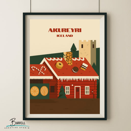 Akureyri Iceland Christmas House Travel Poster & Wall Art Poster Print