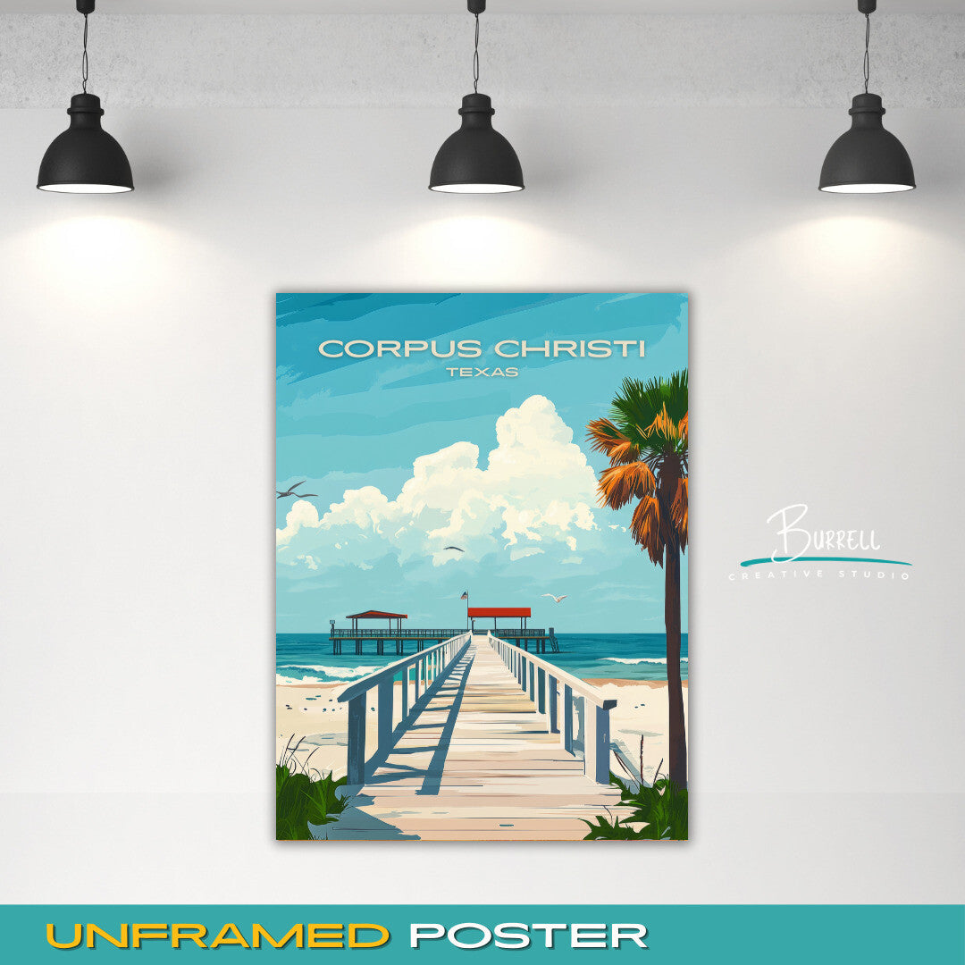 Corpus Cristi Texas Beach Pier View Travel Poster & Wall Art Poster Print