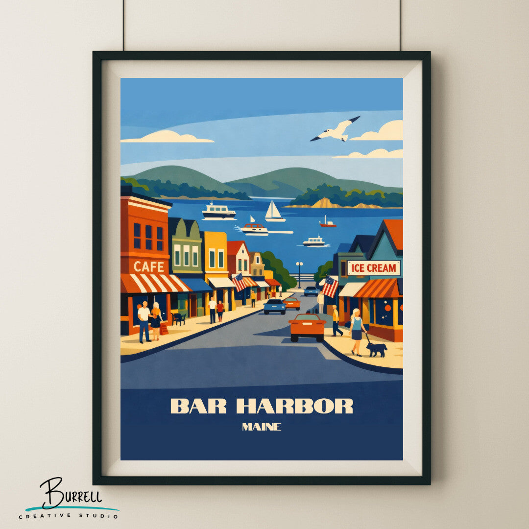 Bar Harbor Maine Downtown Travel Poster & Wall Art Poster Print