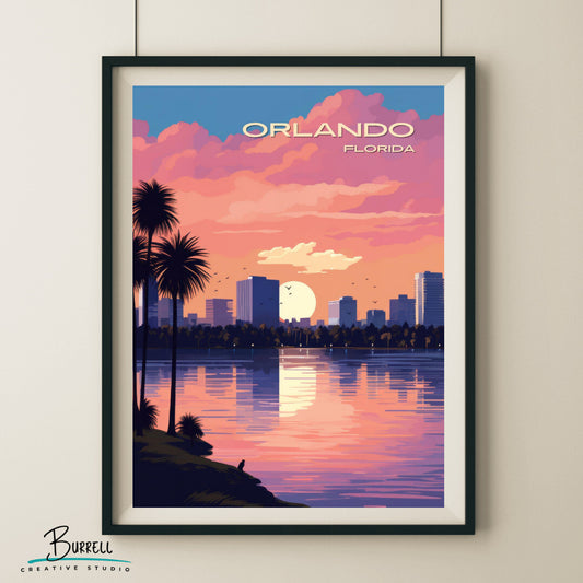 Orlando Florida Skyline Travel Poster & Wall Art Poster Print