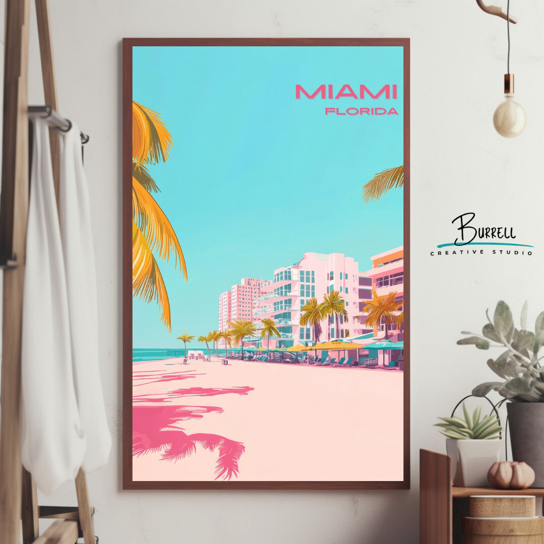 Miami Florida Beach View Travel Poster & Wall Art Poster Print