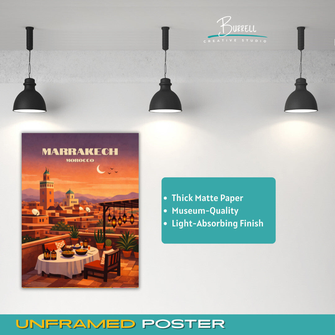 Marrakech Morocco Rooftop Dining Travel Poster & Wall Art Poster Print