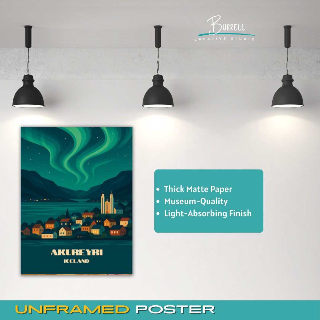 Akureyri Iceland Northern Lights Travel Poster & Wall Art Poster Print