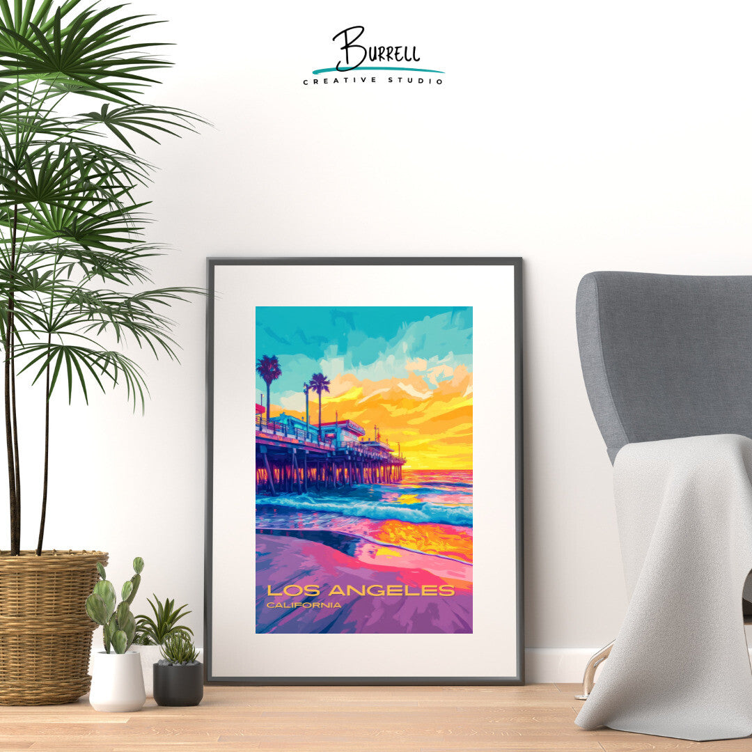 Los Angeles California Santa Monica Pier Travel Poster & Wall Art Poster Print