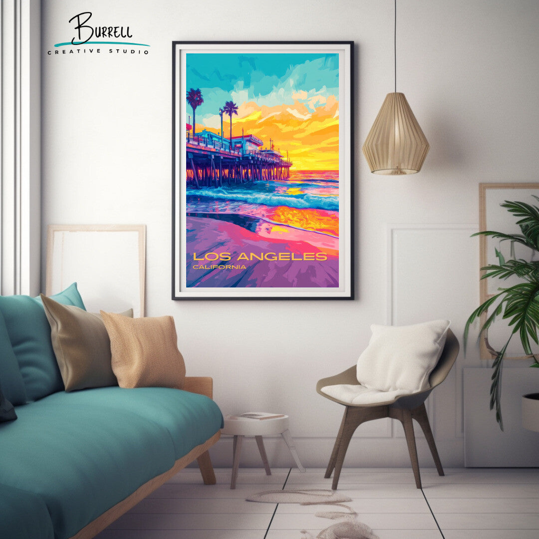 Los Angeles California Santa Monica Pier Travel Poster & Wall Art Poster Print