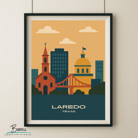 Laredo Texas Skyline Travel Poster & Wall Art Poster Print