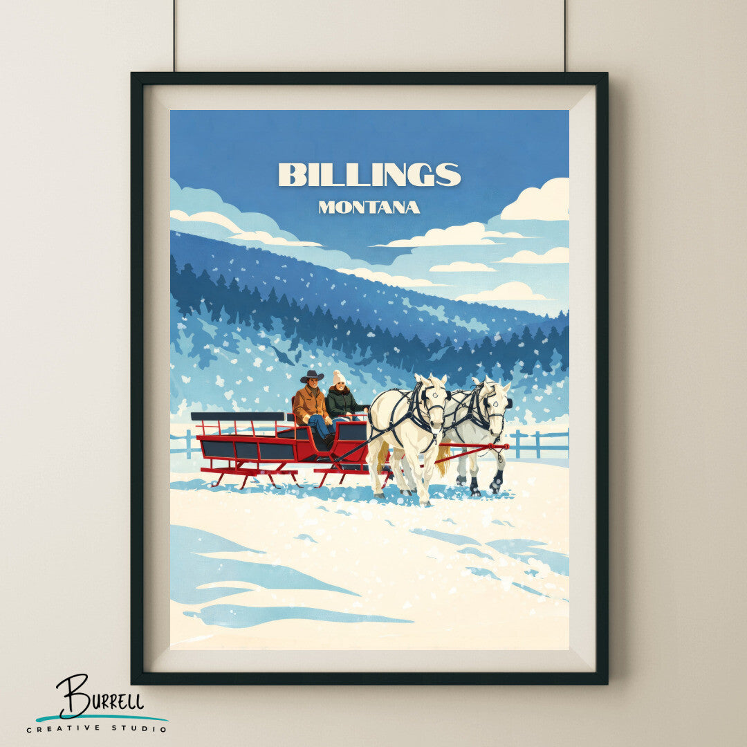 Billings Montana Winter Horse Sleigh Rides Travel Posters & Wall Art Poster Print