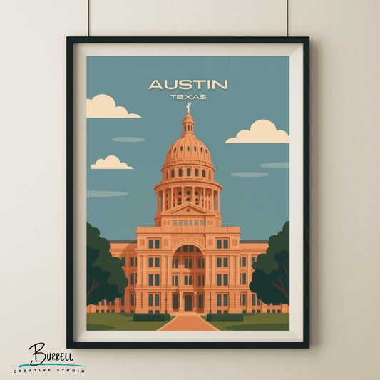 Austin Texas State Capitol Building Travel Poster & Wall Art Poster Print