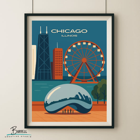 Chicago Illinois Unique Attractions Travel Poster & Wall Art Poster Print