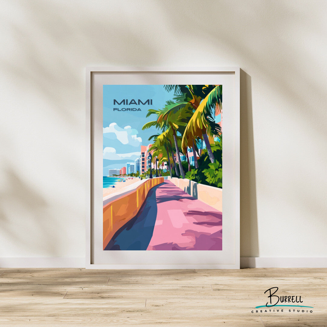 Miami Florida Beach Boardwalk Travel Poster & Wall Art Poster Print