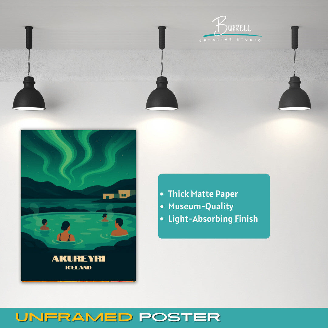 Akureyri Iceland Geothermal Spas Travel Poster & Wall Art Poster Print