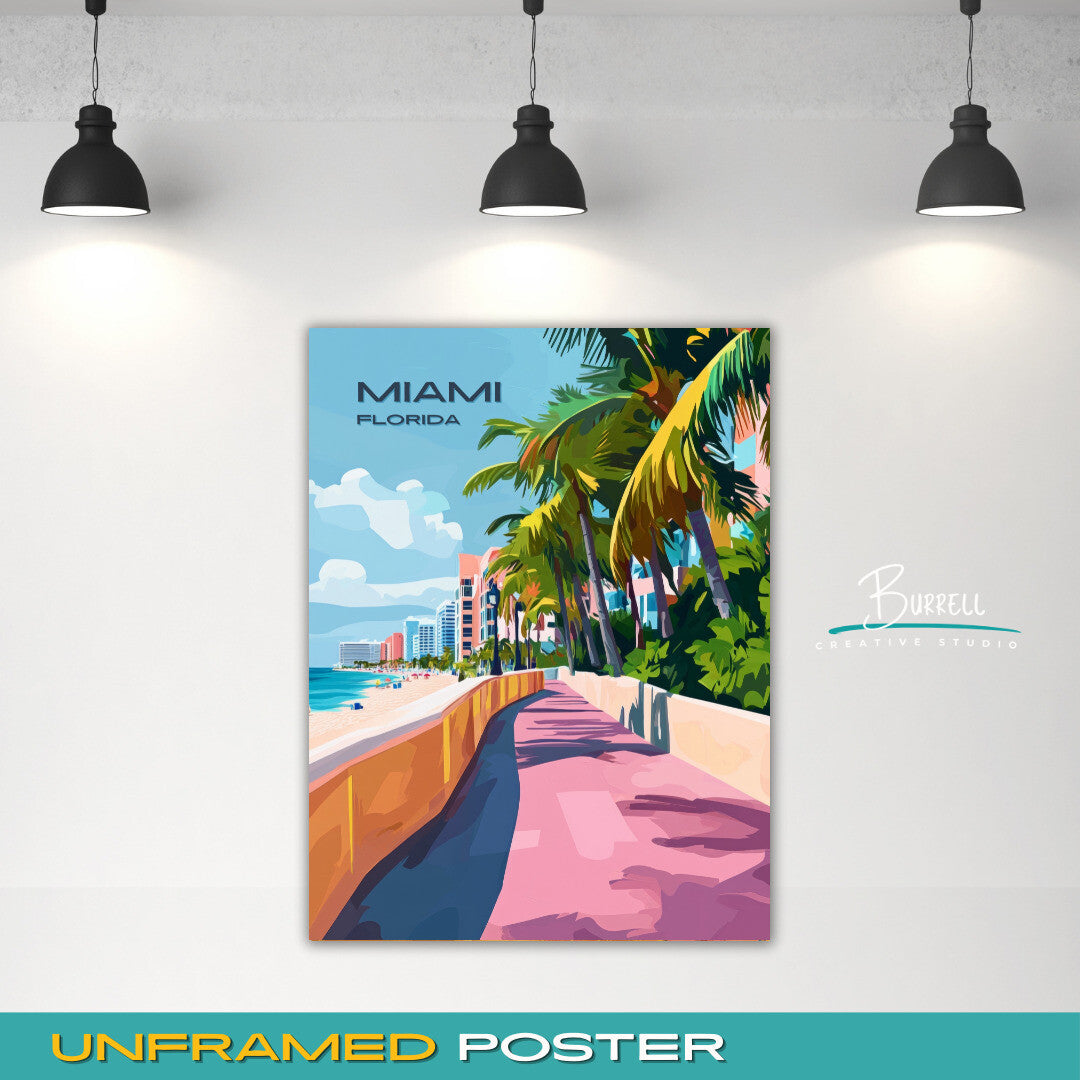 Miami Florida Beach Boardwalk Travel Poster & Wall Art Poster Print