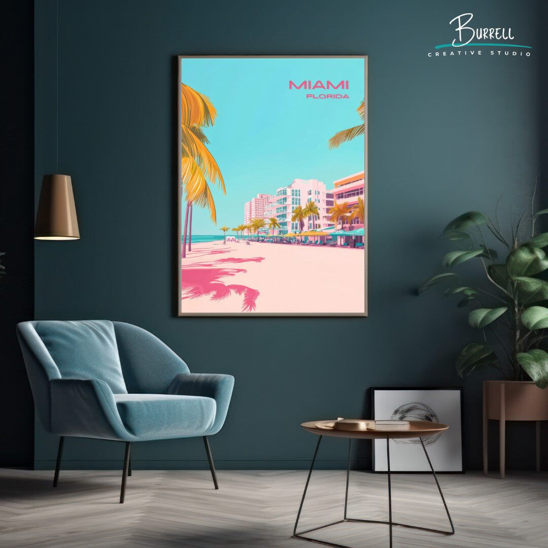 Miami Florida Beach View Travel Poster & Wall Art Poster Print