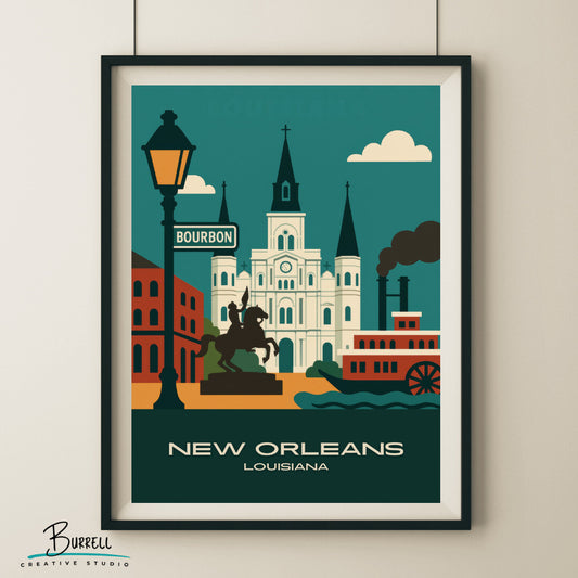 New Orleans Louisiana Unique Landmarks Travel Poster & Wall Art Poster Print