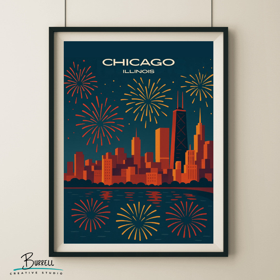 Chicago Illinois New Years Celebration Travel Poster & Wall Art Poster Print