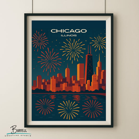 Chicago Illinois New Years Celebration Travel Poster & Wall Art Poster Print