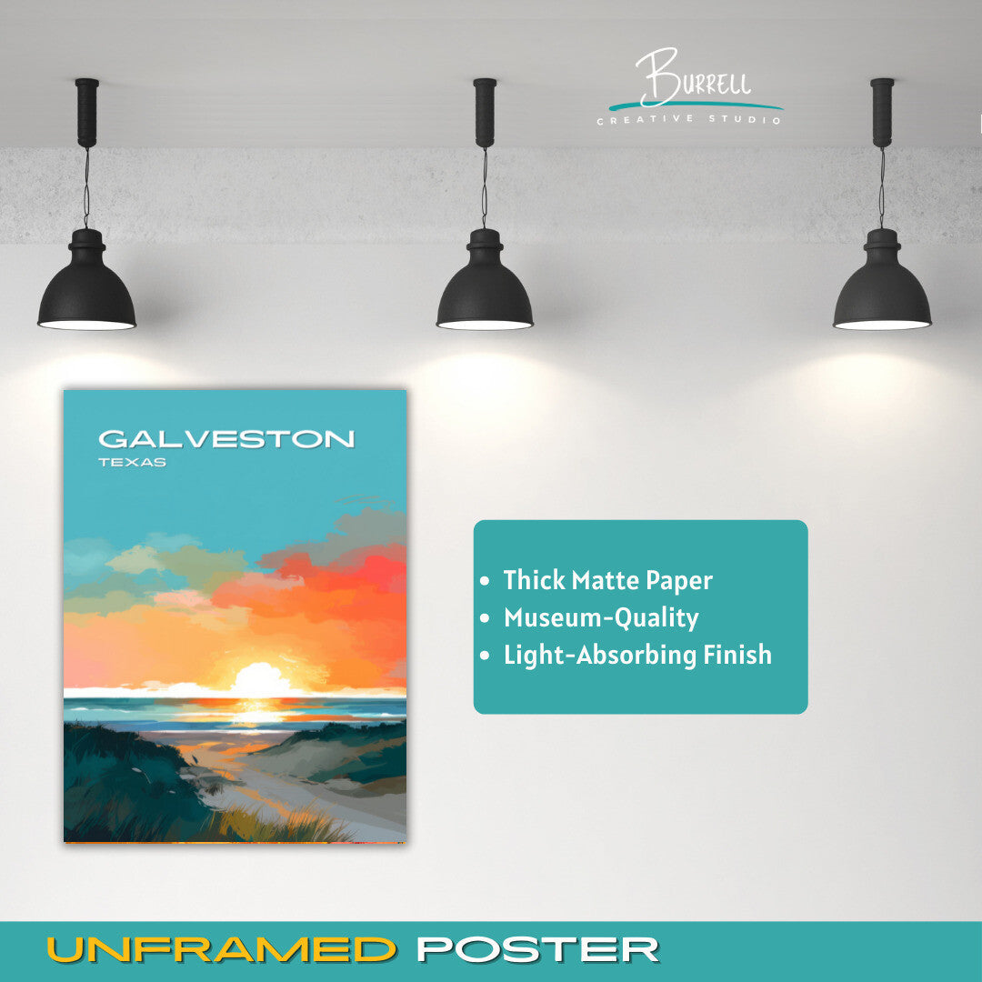 Galveston Texas Beach Sunset Travel Poster & Wall Art Poster Print