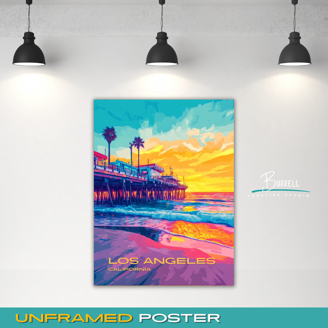 Los Angeles California Santa Monica Pier Travel Poster & Wall Art Poster Print