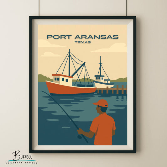 Port Aransas Texas Fishing Travel Poster & Wall Art Poster Print