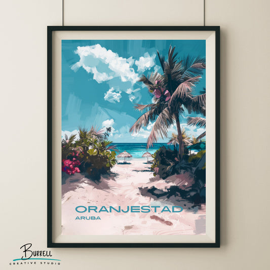 Oranjestad Aruba Beach View Travel Poster & Wall Art Poster Print