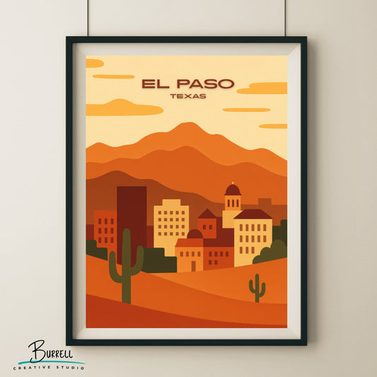 El Paso Texas City Scenery Travel Poster & Wall Art Poster Print