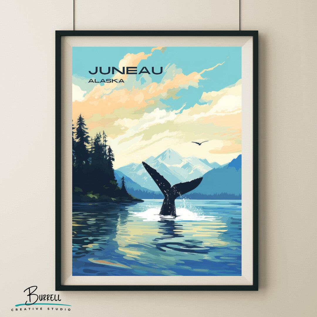 Juneau Alaska Whale Watching Travel Poster & Wall Art Poster Print