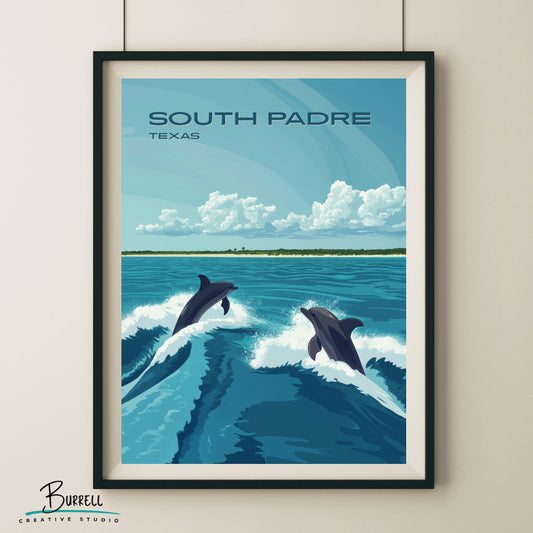 South Padre Texas Dolphin Watching Travel Poster & Wall Art Poster Print