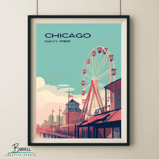 Chicago Illinois Navy Pier Travel Poster & Wall Art Poster Print