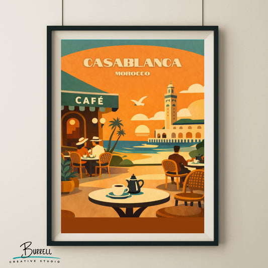 Casablanca Morocco Coastal View Travel Poster & Wall Art Poster Print