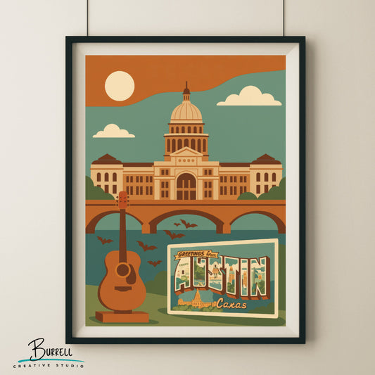 Austin Texas Iconic Landmarks Travel Poster & Wall Art Poster Print