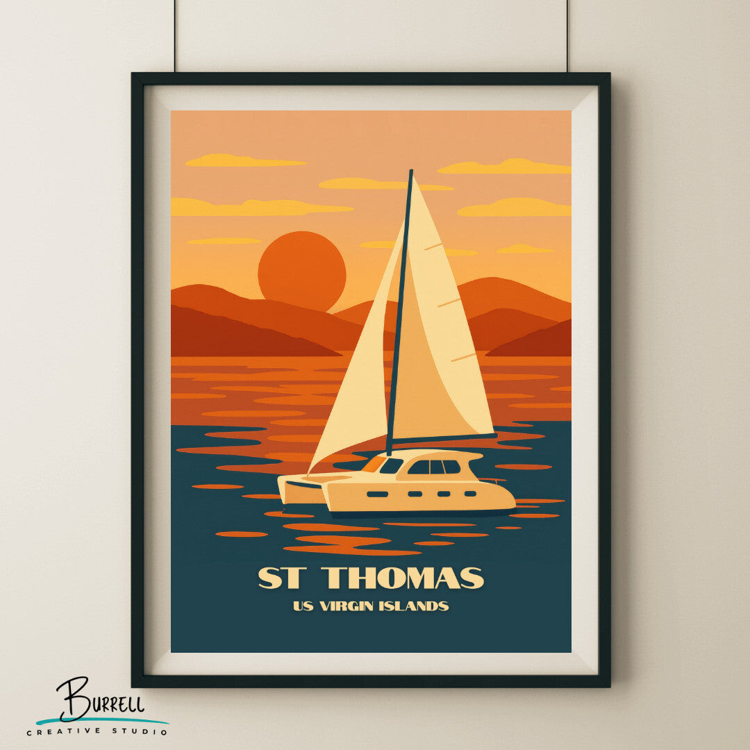 St Thomas US Virgin Islands Sunset Cruise Travel Poster & Wall Art Poster Print