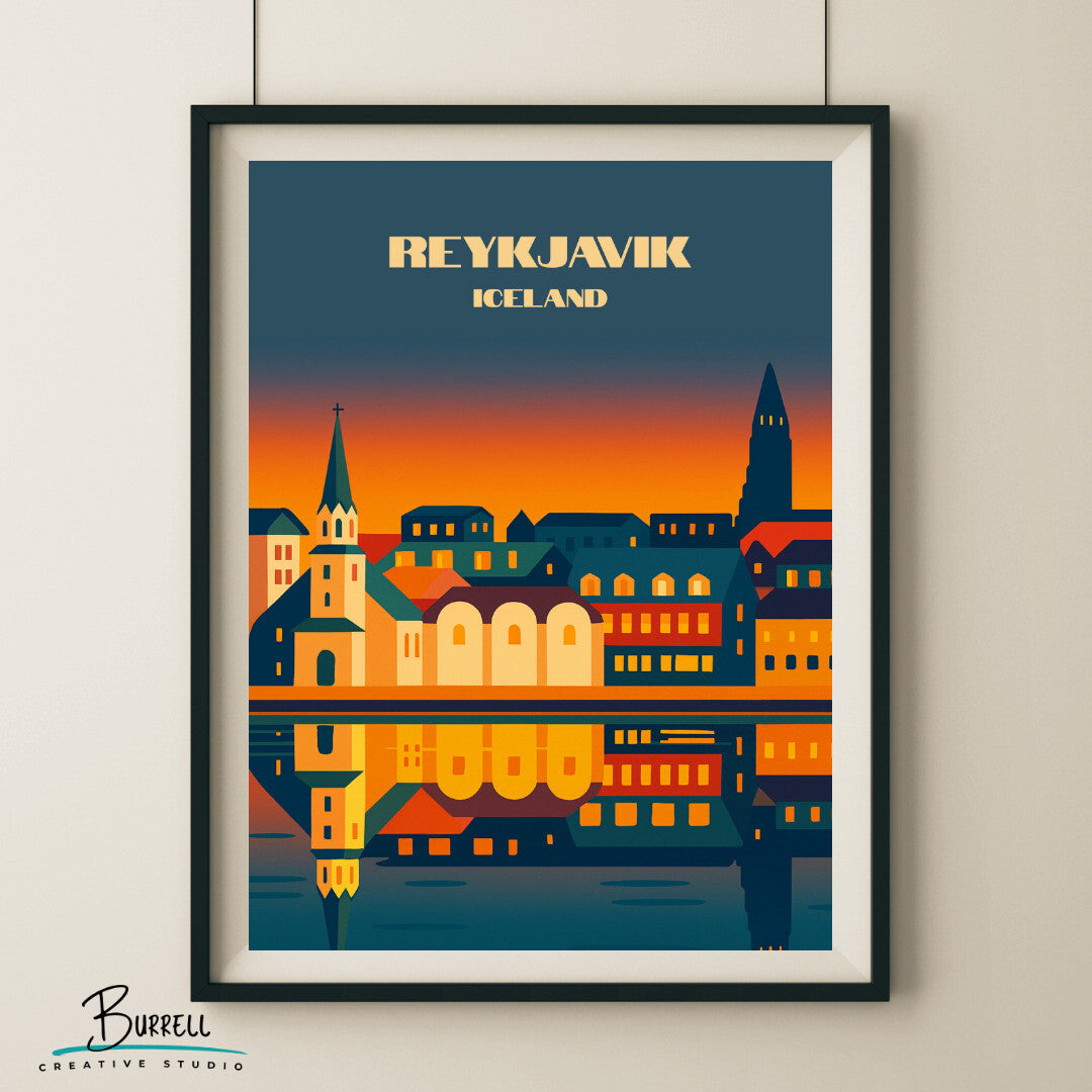 Reykjavik Iceland Tjornin Sunset Travel Poster & Wall Art Poster Print